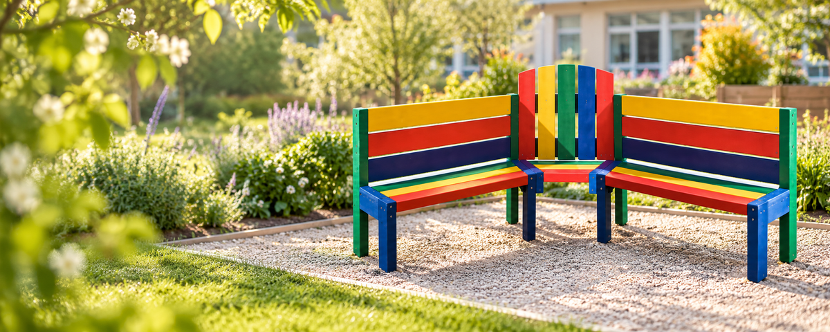 Rainbow Junior Buddy Bench in a school garden — illustrative setting