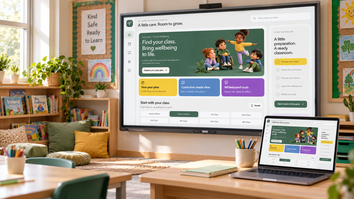 Illustrative Irish classroom mock-up showing the wellbeing platform on a whiteboard and laptop.