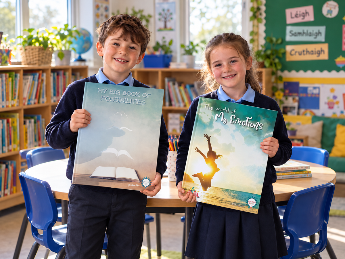 Illustrative Irish classroom scene with two children holding different large-format Big Books.