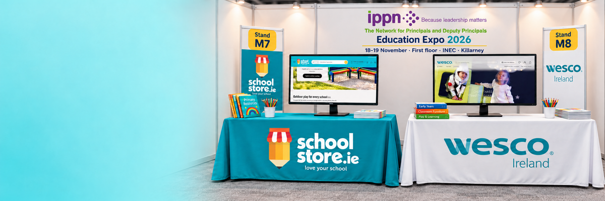 IPPN Education Expo 2026 with official IPPN branding. Illustrative SchoolStore M7 and Wesco Ireland M8 stands, each displaying its website. 18–19 November, first floor INEC Killarney.