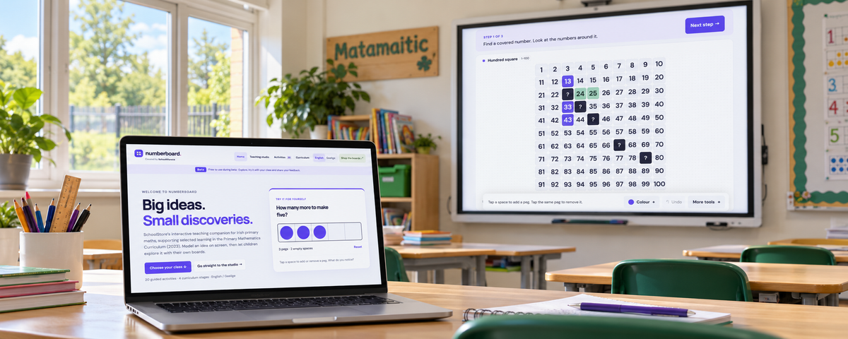 Numberboard maths teaching companion on a classroom whiteboard and laptop — illustrative classroom mockup