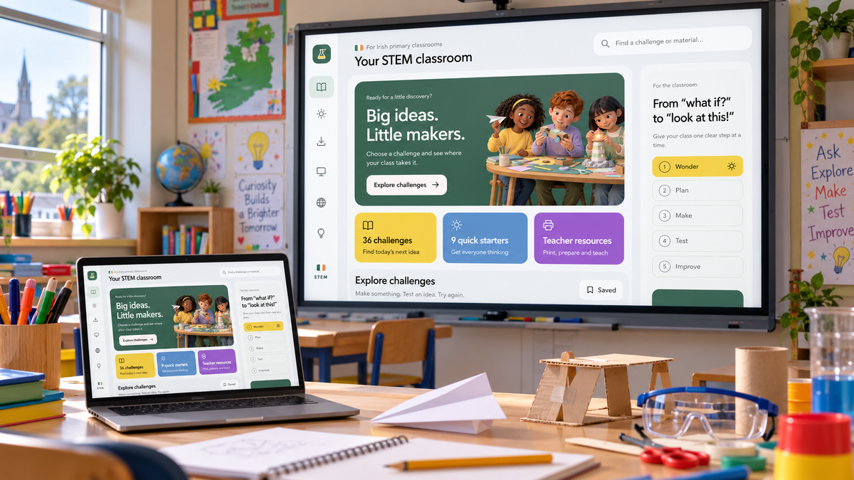 Illustrative Irish classroom mock-up showing the stem platform on a whiteboard and laptop.
